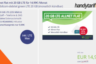 20 GB LTE (bis zu 225 Mbits) & Allnet Flat & monatlich kündbar nur 14,99€ mtl.