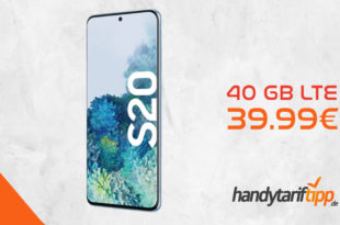 SAMSUNG Galaxy S20 mit 40 GB LTE nur 39,99€. Einmalige Zuzahlung liegt in dieser Aktion bei nur 18,52 Euro.