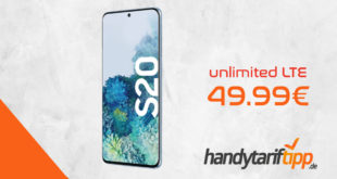 Samsung Galaxy S20 mit Vertrag O2 Free Unlimited Max für 49,99€ mtl.