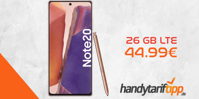 SAMSUNG Galaxy Note20 mit 26 GB LTE nur 44,99 Euro monatlich. Die einmalige Zuzahlung liegt bei nur 116 Euro.