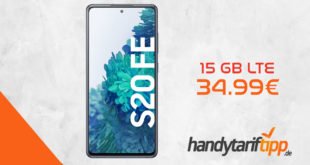 Samsung Galaxy S20 FE inkl. 15 GB Allnet Flat + 50€ Amazon-Gutschein nur 34,99€ monatlich. Einmalige Zuzahlung liegt bei nur 29 Euro.