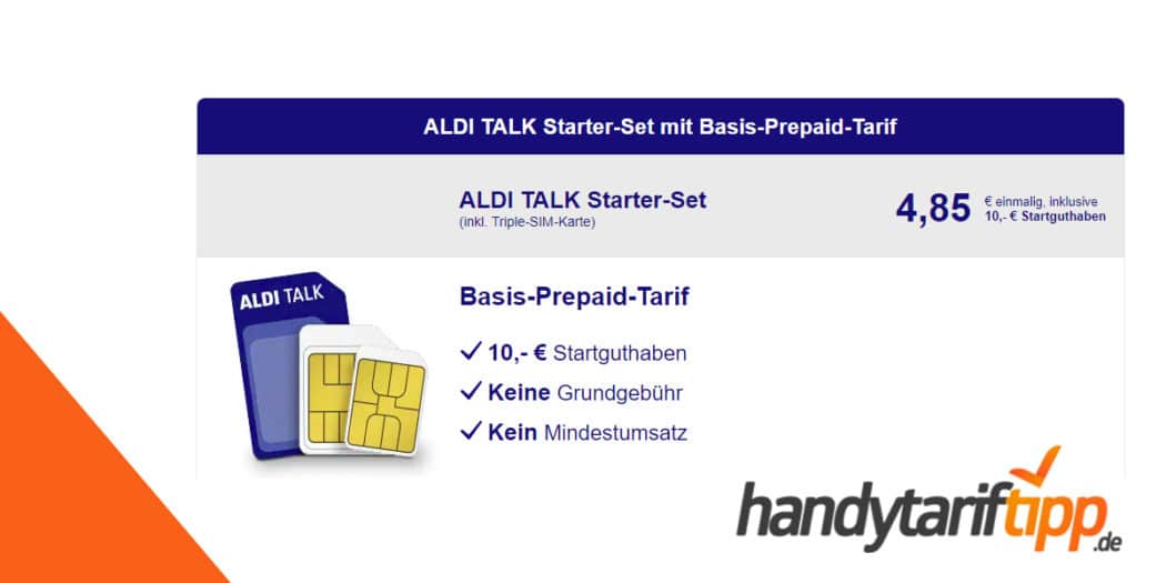 ALDI TALK StarterSet BasisPrepaidTarif mit 10, € Startguthaben nur einmalig 4,85