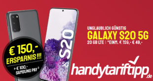 Samsung Knaller-Deal: Samsung Galaxy S20 5G mit 100€ Samsung Pay Guthaben & 20 GB LTE nur 29,99€ monatlich