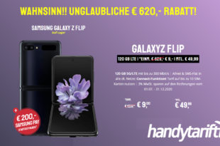 Samsung Galaxy Z-Flip 256 GB nur 9€ einmalige Zuzahlung mit dem Tarif o2 Free L Boost (120 GB LTE) für 49.99€ monatlich