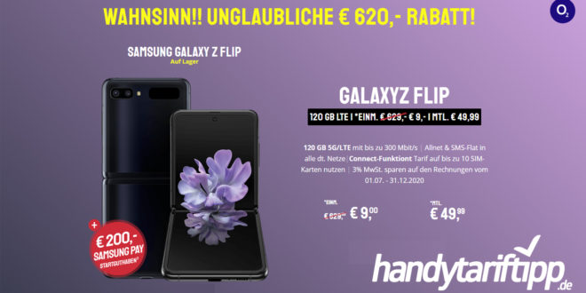 Samsung Galaxy Z-Flip 256 GB nur 9€ einmalige Zuzahlung mit dem Tarif o2 Free L Boost (120 GB LTE) für 49.99€ monatlich