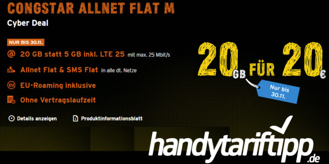 CyberTastisches Angebot bei congstar: Allnet Flat M mit 20 GB LTE im Telekom Netz für 20€ monatlich - auch ohne Laufzeit