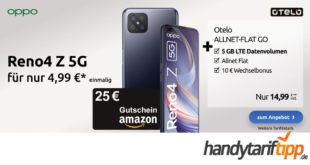 Oppo Reno4 Z 5G (128 GB) für 4,99€ Zuzahlung & 20€ Amazon Gutschein mit otelo Allnet-Flat Go (5 GB LTE) für 14,99€ monatlich