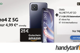 Oppo Reno4 Z 5G (128 GB) für 4,99€ Zuzahlung & 20€ Amazon Gutschein mit otelo Allnet-Flat Go (5 GB LTE) für 14,99€ monatlich