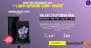 Samsung Galaxy Z-Flip 4G (256 GB) für 4,95€ Zuzahlung & 12 Monate Samsung Care+ mit o2 Free L (60 GB LTE ) für 39,99€ monatlich - Effektivpreis => -1,85 € monatlich