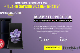 Samsung Galaxy Z-Flip 4G (256 GB) für 4,95€ Zuzahlung & 12 Monate Samsung Care+ mit o2 Free L (60 GB LTE ) für 39,99€ monatlich - Effektivpreis => -1,85 € monatlich