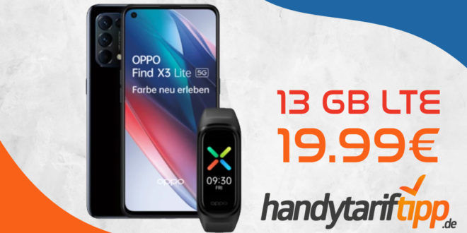 Oppo Find X3 Lite 5G & Oppo Band Sport mit 13 GB LTE nur 19,99€ monatlich – nur 1 Euro Zuzahlung und kein Anschlusspreis