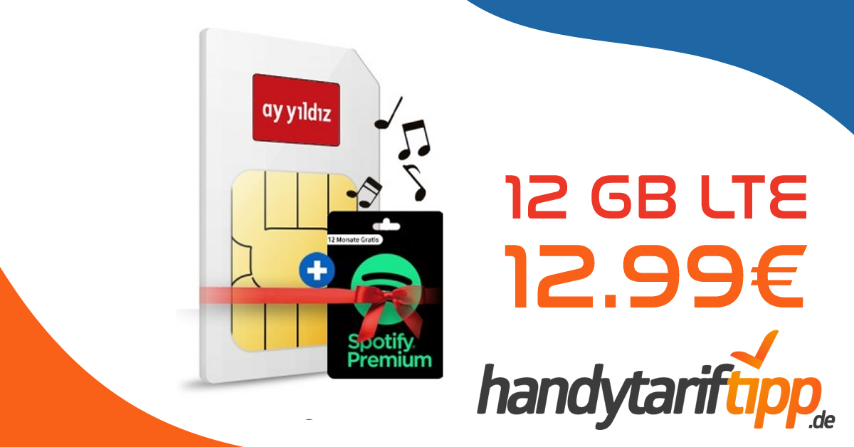 12 ergeben 12 HandyTarifTipp monatlich LTE mit mit Spotify Premium GB Internet-Flat 12,99€ Monate - Gratis & effektiv 288€ Cashback