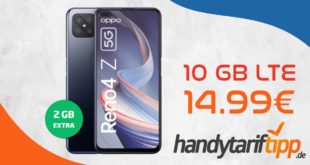 Oppo Reno 4Z 5G mit 10 GB LTE nur 14,99€ monatlich - nur 1 Euro Zuzahlung und kein Anschlusspreis