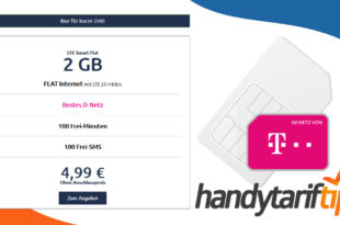 2 GB LTE (25 Mbits) & 100 Frei-Minuten & 100 Frei-SMS im Telekom Netz nur 4,99€ monatlich - Kein Anschlusspreis