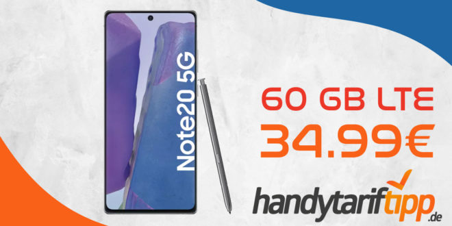 Samsung Galaxy Note20 5G 256GB mit 60 GB LTE Max. nur 34,99€ monatlich - nur 1 Euro Zuzahlung