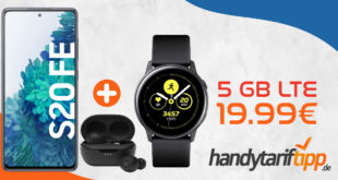Samsung Galaxy S20 FE & Samsung Galaxy Watch Active & JBL Tune 115 TWS mit 5 GB LTE nur 19,99€ monatlich - nur 29 Euro Zuzahlung