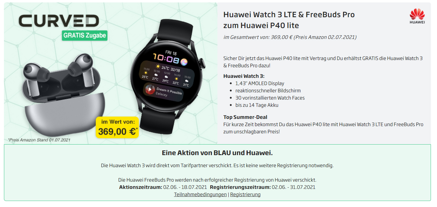 Sicher Dir jetzt das Huawei P40 lite mit Vertrag und Du erhältst GRATIS die Huawei Watch 3 & FreeBuds Pro dazu!