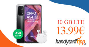 Oppo A54 5G & Oppo Enco Air mit 10 GB LTE nur 13,99€ monatlich - nur 1 Euro Zuzahlung und kein Anschlusspreis