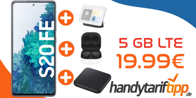 Samsung Galaxy S20 FE & Google Nest Hub & Samsung Galaxy Buds2 & Samsung Wireless Charger Pad mit 5 GB LTE nur 19,99€ monatlich - nur 29 Euro einmalig