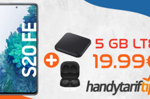 Samsung Galaxy S20 FE & Samsung Galaxy Buds2 & Samsung Wireless Charger Pad mit 5 GB LTE nur 19,99€ monatlich - nur 29 Euro einmalig