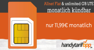 Unlimited LTE mit bis zu 2 Mbits - monatlich kündbar - nur 11,99€ monatlich