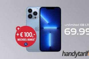 Apple iPhone 13 Pro & Unlimitierte 5GLTE Internet-Flat & 100€ Wechsel-Bonus für 69,99€ monatlich - 99 Euro Zuzahlung