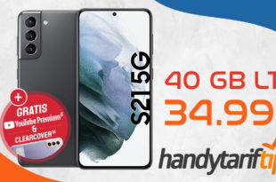Samsung Galaxy S21 5G & 100€ Wechselbonus & 4 Monate YouTube Premium & Clear Standing Cover mit 40 GB 5GLTE nur 34,99€ monatlich
