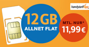 Allnet-Flat mit 12 GB LTE nur 11,99€ - ohne Vertragslaufzeit bestellbar. Sonderaktion bis 22.11.2021.