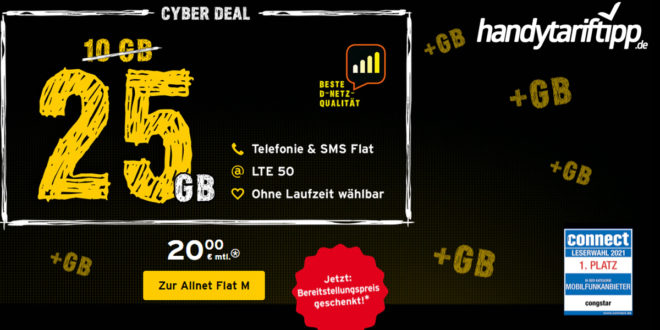 Cyber Deal - 25GB LTE & Allnet Flat im Telekom Netz nur 20€ monatlich - ohne Laufzeit wählbar