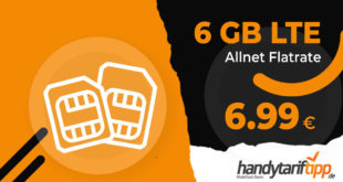 Ohne Vertragslaufzeit - 6 GB LTE & Allnet Flat nur 6,99€ monatlich. Aktion bis 09.11. 11 Uhr.