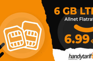 Ohne Vertragslaufzeit - 6 GB LTE & Allnet Flat nur 6,99€ monatlich. Aktion bis 09.11. 11 Uhr.
