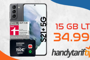 Samsung Galaxy S21 Plus (S21+) für 29€ Zuzahlung mit 15 GB - mit bis zu 500 Mbits - für nur 34,99€ monatlich