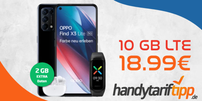 Oppo Find X3 Lite 5G & Oppo Band Sport & Oppo Enco X mit 10 GB LTE nur 18,99 Euro monatlich