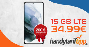 Samsung Galaxy S21 5G & 100€ Startguthaben & 200€ Tauschprämie mit 15 GB (mit bis zu 500 Mbits) nur 34,99€ monatlich