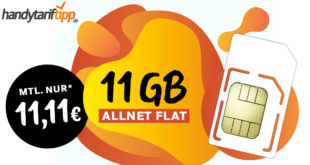 11 GB Allnet Flat für nur 11,11 EUR monatlich – ohne Vertragslaufzeit bestellbar