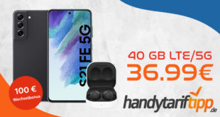 Samsung Galaxy S21 FE 5G & Samsung Galaxy Buds 2 &100€ Wechselbonus mit 40 GB LTE & 5G nur 36,99€ monatlich - nur 1 Euro Zuzahlung