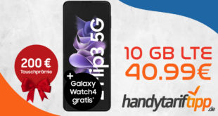 Samsung Galaxy Z Flip3 & 200 € Tauschprämie & Galaxy Watch4 GRATIS & Samsung Care+ Versicherung mit 10GB LTE nur 40,99€ monatlich