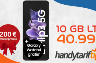 Samsung Galaxy Z Flip3 & 200 € Tauschprämie & Galaxy Watch4 GRATIS & Samsung Care+ Versicherung mit 10GB LTE nur 40,99€ monatlich
