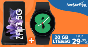 MEGA DEAL! Samsung Galaxy Z Flip3 5G & Samsung Galaxy Watch4 & 100€ Wechselbonus mit 20GB LTE&5G nur 29,99€ monatlich