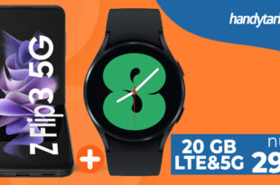 MEGA DEAL! Samsung Galaxy Z Flip3 5G & Samsung Galaxy Watch4 & 100€ Wechselbonus mit 20GB LTE&5G nur 29,99€ monatlich