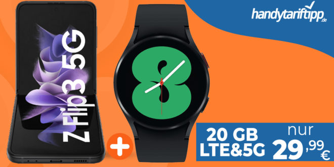 MEGA DEAL! Samsung Galaxy Z Flip3 5G & Samsung Galaxy Watch4 & 100€ Wechselbonus mit 20GB LTE&5G nur 29,99€ monatlich