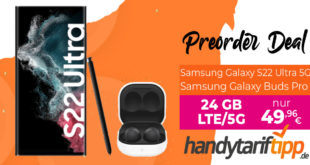 Samsung Galaxy S22 Ultra 256GB & Galaxy Buds Pro mit 24GB LTE5G im Telekom Netz nur 49,96€ monatlich