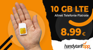 Nur für kurze Zeit - 10 GB LTE & Telefonie Flat nur 8,99€ monatlich - monatlich kündbar. 19,99 € Bereitstellungspreis.