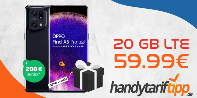 Oppo Find X5 Pro mit Vertrag - GRATIS OPPO Presale Geschenkbox mit 100 € Cashback-Vorteil & 100€ Wechselbonus - Tarif mit 20GB LTE5G nur 59,99€ monatlich