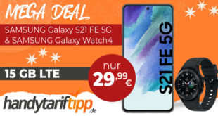 MEGA DEAL! Samsung Galaxy S21 FE 5G & Samsung Galaxy Watch4 & 50€ Wechselbonus mit 15GB LTE nur 29,99€ monatlich