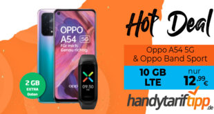 Oppo A54 5G & Oppo Band Sport mit 10 GB LTE nur 12,99€ monatlich - nur 1 Euro Zuzahlung und kein Anschlusspreis.