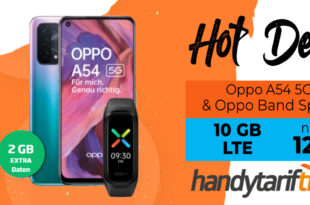 Oppo A54 5G & Oppo Band Sport mit 10 GB LTE nur 12,99€ monatlich - nur 1 Euro Zuzahlung und kein Anschlusspreis.