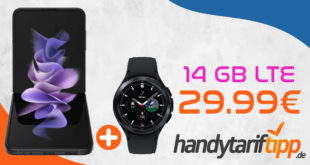 Samsung Galaxy Z Flip3 5G & Samsung Galaxy Watch4 & 50€ Wechselbonus mit 14GB LTE im Telekom Netz nur 29,99€ monatlich