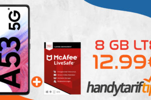 Samsung Galaxy A53 5G & McAfee LiveSafe Attach 1-Jahres-Abonnement mit 8GB LTE nur 12,99€ monatlich - nur 29 Euro Zuzahlung.