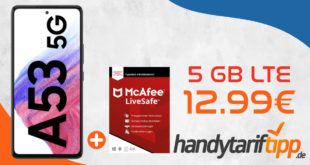 Samsung Galaxy A53 5G & McAfee LiveSafe Attach mit 5GB LTE nur 12,99€ monatlich - nur 1 Euro Zuzahlung.